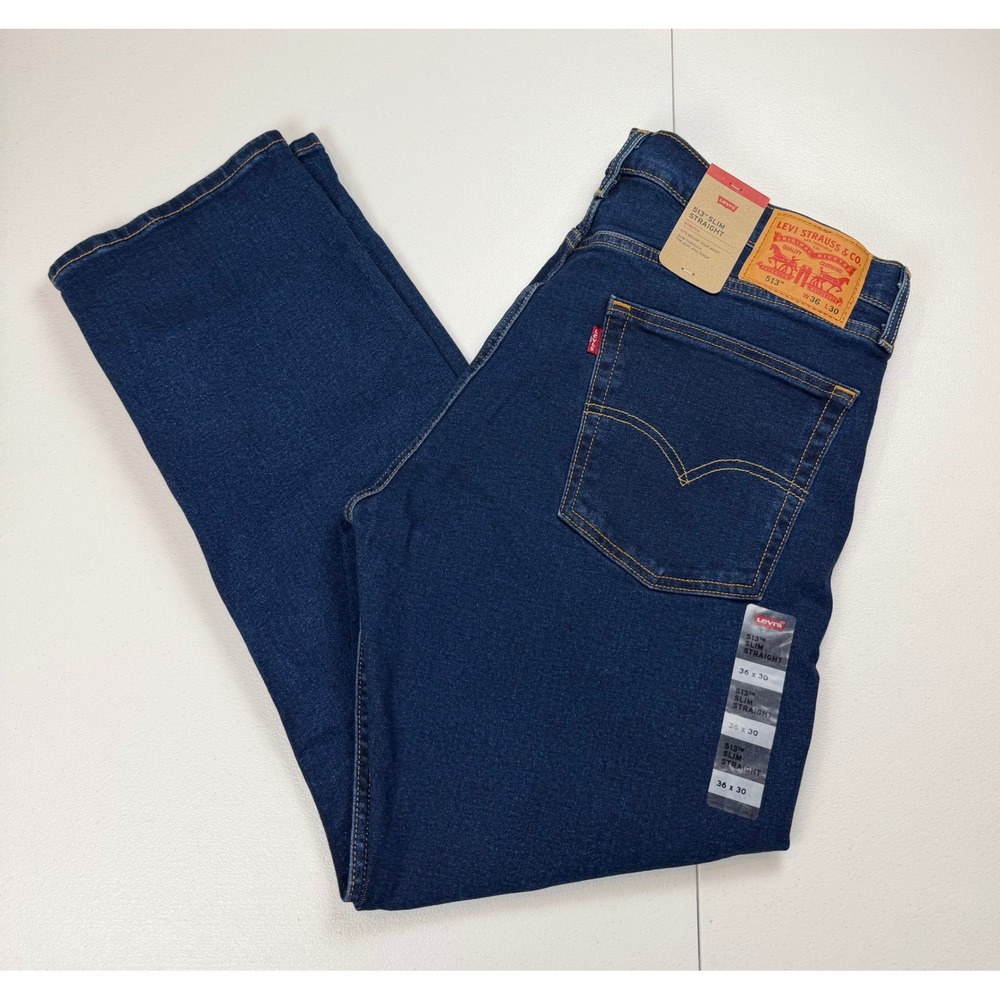 New Levis 513 Slim Straight Mens Jeans 36x30 Dark Indigo Blue Denim NWT